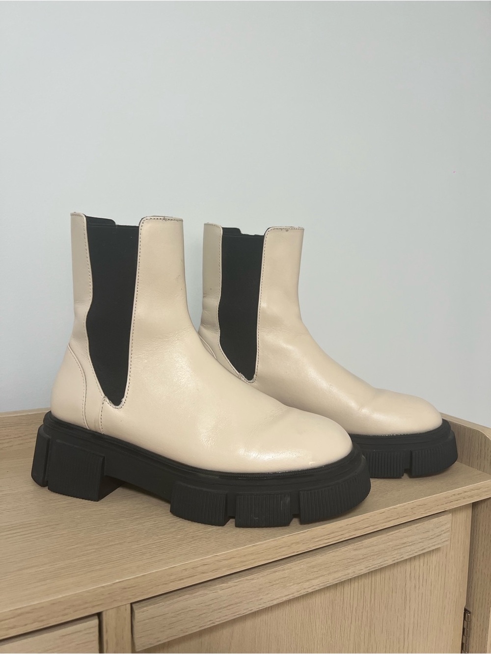 Cream Chelsea Lug Sole Boots with Black Elastic Panels